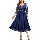 MISSMAY Women's Plus Size Sequins Lace Sleeves V-Neck Midi A-Line Cocktail Dresses