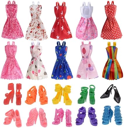 Windup Doll Dress and Shoes Compatible with Barbie Dolls - Dress 10 Pieces and Shoes 10 Pairs