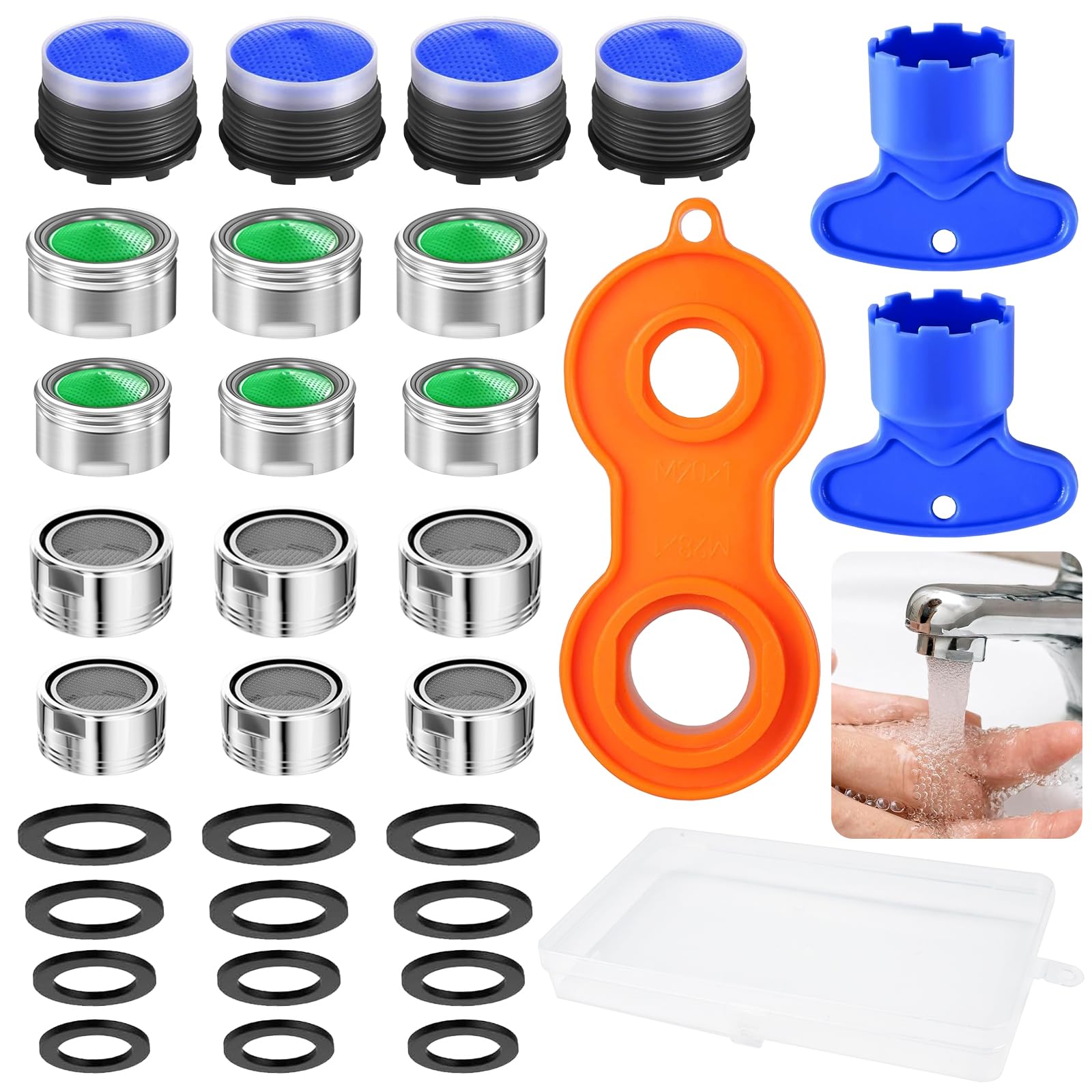 UZSUZZ 16 Pcs Tap Aerator Replacement Part M24 M22 M20 M18.5 M28 Tap Faucet Aerator, Tap Nozzle Replacement Part, Faucet Adapter Kit with Gaskets and Faucet Aerator Wrench Storage Box
