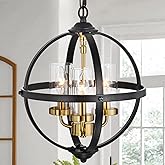 Treekee Rustic Chandelier, 14" Farmhouse Globe Orb Pendant Light, Vintage Black and Gold 3-Light E12 Adjustable Ceiling Hangi