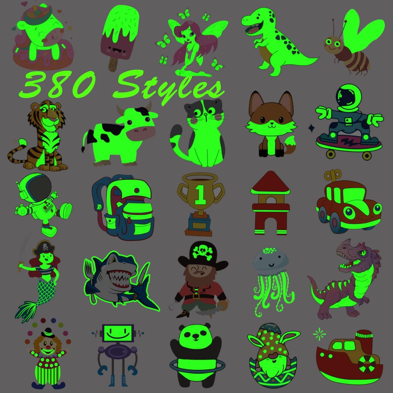 Leesgel Luminous Temporary Tattoos for Kids, 380 Styles Mixed Transfer Tattoo Stickers, Holiday Essentials Travel Games for Kids Toys Games Prizes for Children Glow Birthday Party Favors