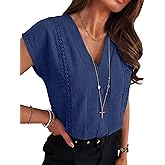 ANRABESS Women Dressy Tops Short Sleeve Casual Blouses V Neck Lace Trim Summer Boho Shirts 2026 Spring Trendy Clothes