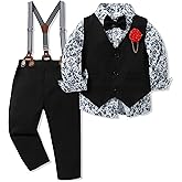 WESIDOM Toddler Boy Clothes Suit Formal Dress Shirt+Bowtie+Vest+Boutonniere+Suspender Pants Boys Gentleman Outfits Set