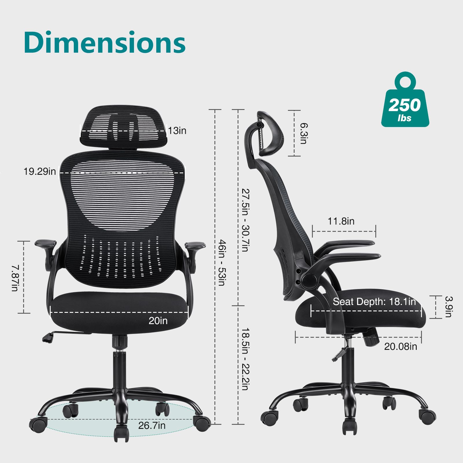 SMUG Home Office Desk Chair, Ergonomic Computer Managerial Executive Chairs High-Back Work Swivel Task Chairs with Wheels, Lumbar Support, Comfy Flip-up Armrest for Gaming, Study, Student, Black - Image 5