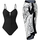 ININSANI One Piece Tummy Control Swimsuit for Women with Skirt Wrap Cover Up Retro Bathing Suit Slimming Swimwear