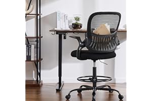 SMUG Drafting Chair with Flip-up Arms, Height Adjustable Standing Tall Office Desk Chair with Foot Ring, Ergonomic Swivel Computer Chairs with Rolling Wheels, Black