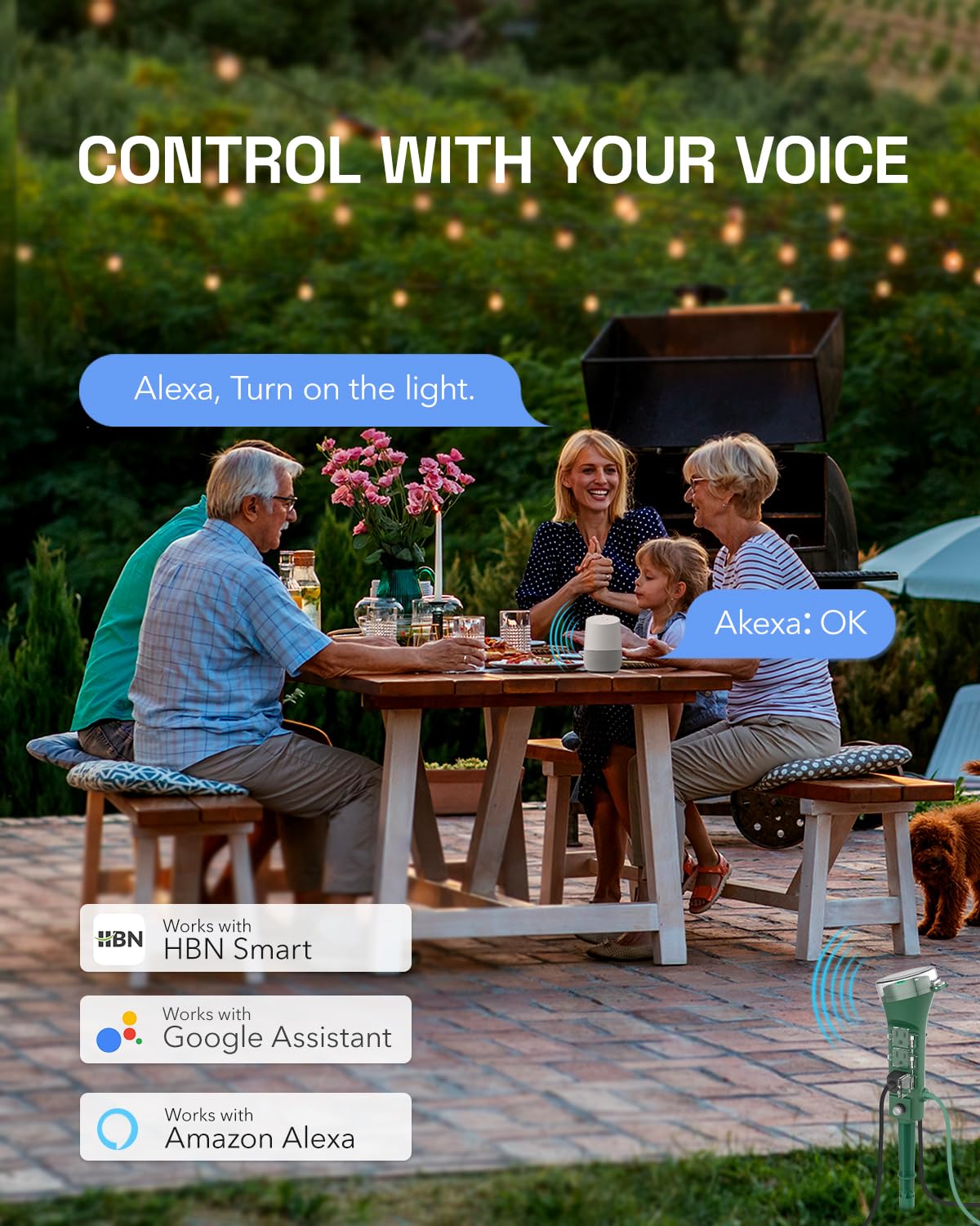 HBN Outdoor Smart Plug Waterproof WiFi Outdoor Outlet Timer with 6 Grounded Outlets, Remote & Voice Control Heavy Duty Yard Stake Plug Compatible with Alexa and Google Assistant No Hub Required - View 3