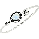Natural Gemstones 925 Silver Plated Cuff Bracelets for Women - Oval Shape Stone Birthstone Handmade Adjustable Open Bangle Jewelry - Gifts for Wedding Anniversary Valentine's Day Christmas