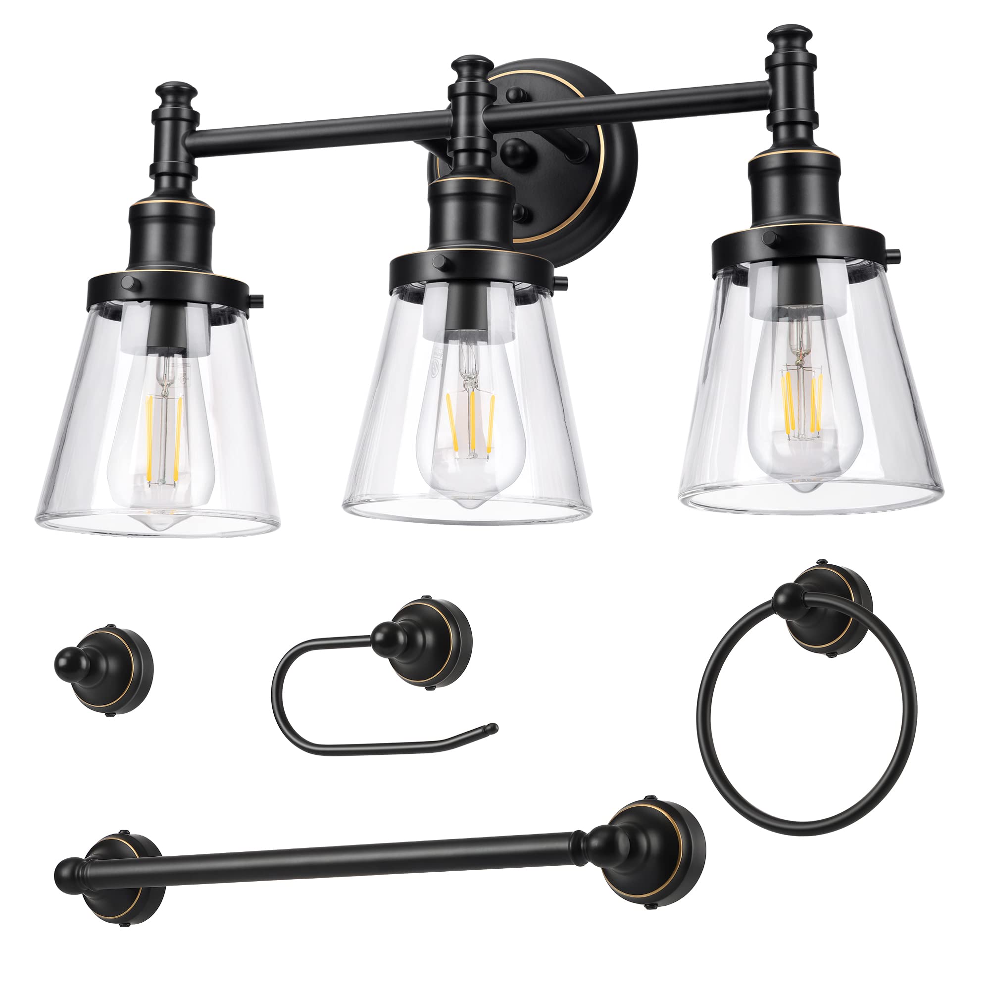 Photo 1 of DEWENWILS Bathroom Light Fixtures, 5-Piece All-in-One Bathroom Vanity Lights Over Mirror, 3-Light Bath Wall Mount Sconce with Clear Glass Shade, Towel Bar, Ring, Robe Hook, Toilet Paper Holder