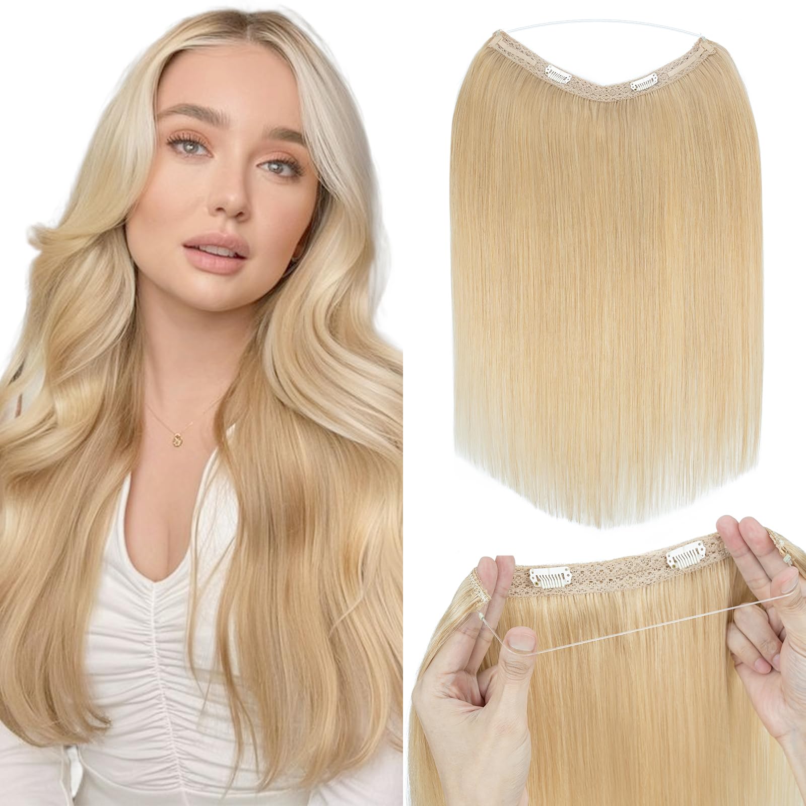Silk-co Secret Wire In Hair Extensions 20inch One Piece Natural No Clip Invisible Remy Human Hair Straight Half Head (#24 Natural Blonde)