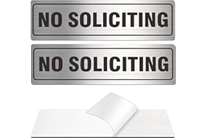 MONGFUN Self-Adhesive No Soliciting Sign Metal for House Business Office Doors, 2 Pack Silver Color Aluminun 7 x 2 inches, Unique Small Design Durable UV and Weather Resistant, Easy Installation