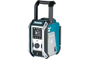 Makita Akku-Baustellenradio DMR 115 DAB/DAB+/Bluetooth für 10,8-18 Volt Akkus/230 Volt mit Subwoofer auf der Gehäuseunterseit