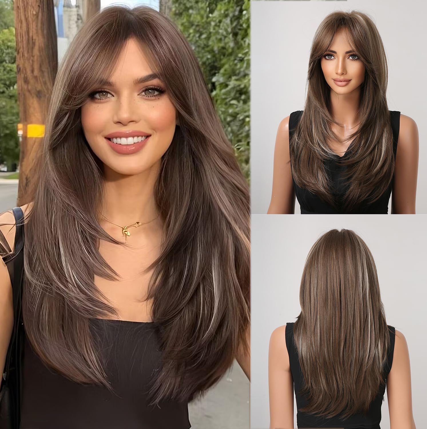 Esmee Long Straight Brown with Blonde Highlight with Curtain Bangs Layered Synthetic Hair Wigs for Women for Daily Party U