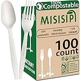 MISISIPI [7.1In 100Pcs] 100% Compostable Forks and Spoons Biodegradable Forks and Spoons HeavyDuty No Plastic Fork and Spoon Eco-friendly HeavyWeight Disposable Forks and Spoon Flatware Set
