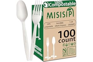 MISISIPI [7.1In 100Pcs] 100% Compostable Forks and Spoons Biodegradable Forks and Spoons HeavyDuty No Plastic Fork and Spoon Eco-friendly HeavyWeight Disposable Forks and Spoon Flatware Set