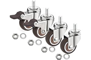 MyyYiTar 1" M6x15 Stem Casters Bolt Threaded Wheels,TPR Mute Rubber Swivel Single Caster Screws in Wheel Small with 2 Brake Locks-Brown