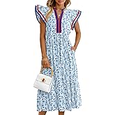 Wenrine Womens Summer Floral Midi Dresses Ruffle Cap Sleeve V Neck Flowy Boho Casual Beach Vacation Sundress