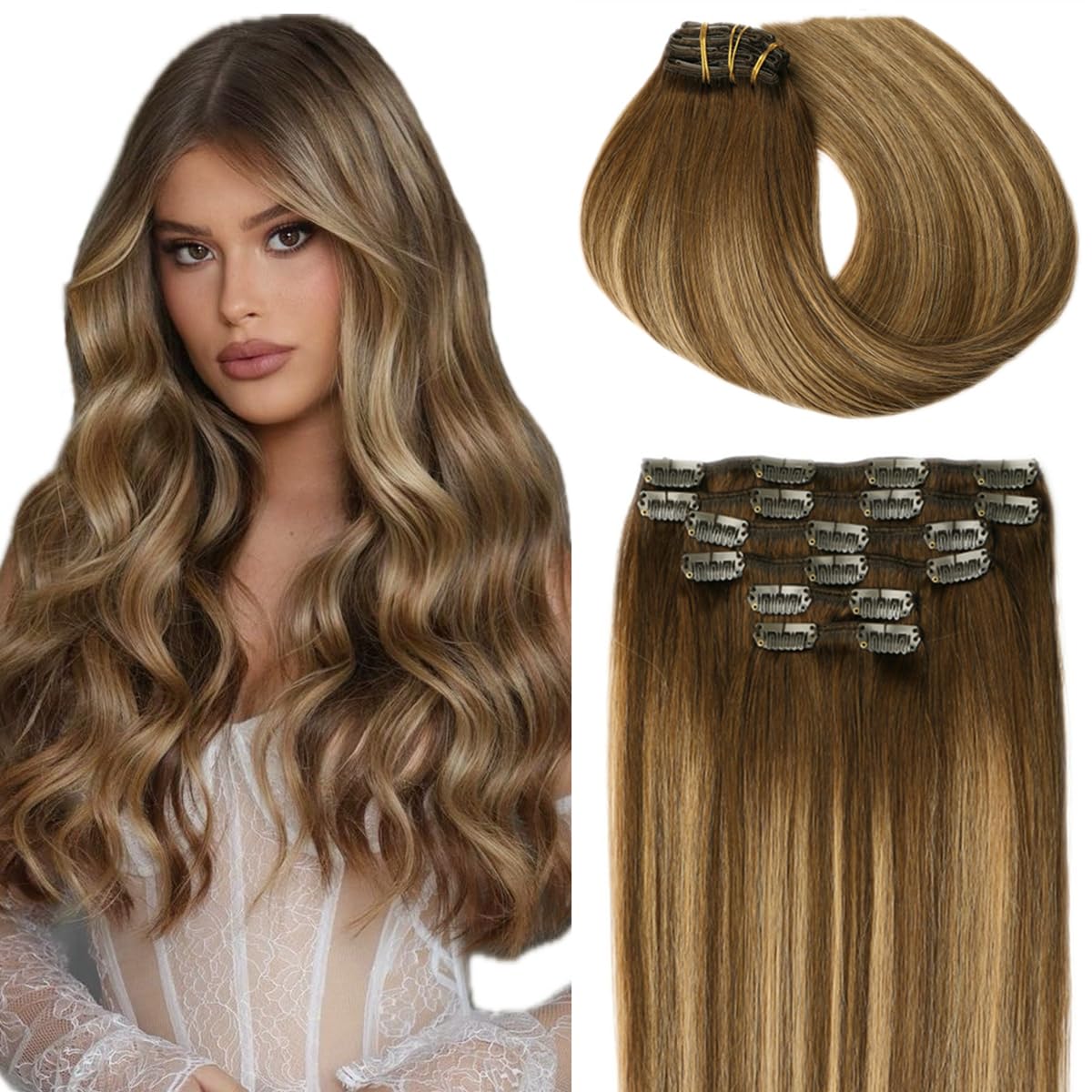 SURNEL Blonde Hair Extensions Clip in Human Hair Balayage Color 4 Chocolate Brown Mixed Blonde 6Pcs Straight Hair Clip in Extensions Human Hair 18inch 120g (C#/4/27/4,18'') — image 1