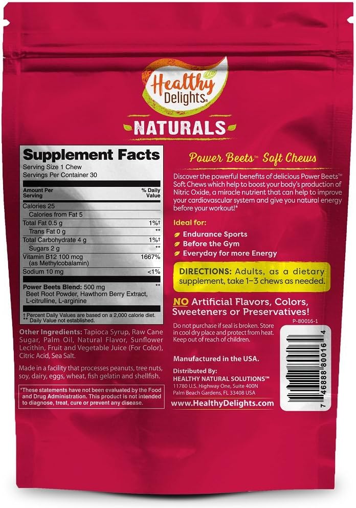 Healthy Delights Naturals, Power Beets Soft Chews, Super Concentrated, Circulation Superfood, Supports Natural Energy & Stamina, Delicious Strawberry Burst Flavor, 30 Count: Health & Personal Care