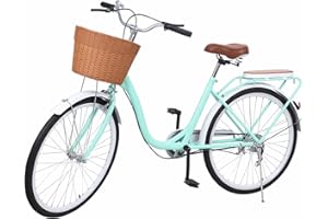 qorkhogr 26 Inch Beach Cruiser Bike, Step Through Comfort Bicycle with Basket, Urban Bike with Front Rear V-Brakes, Adjustabl