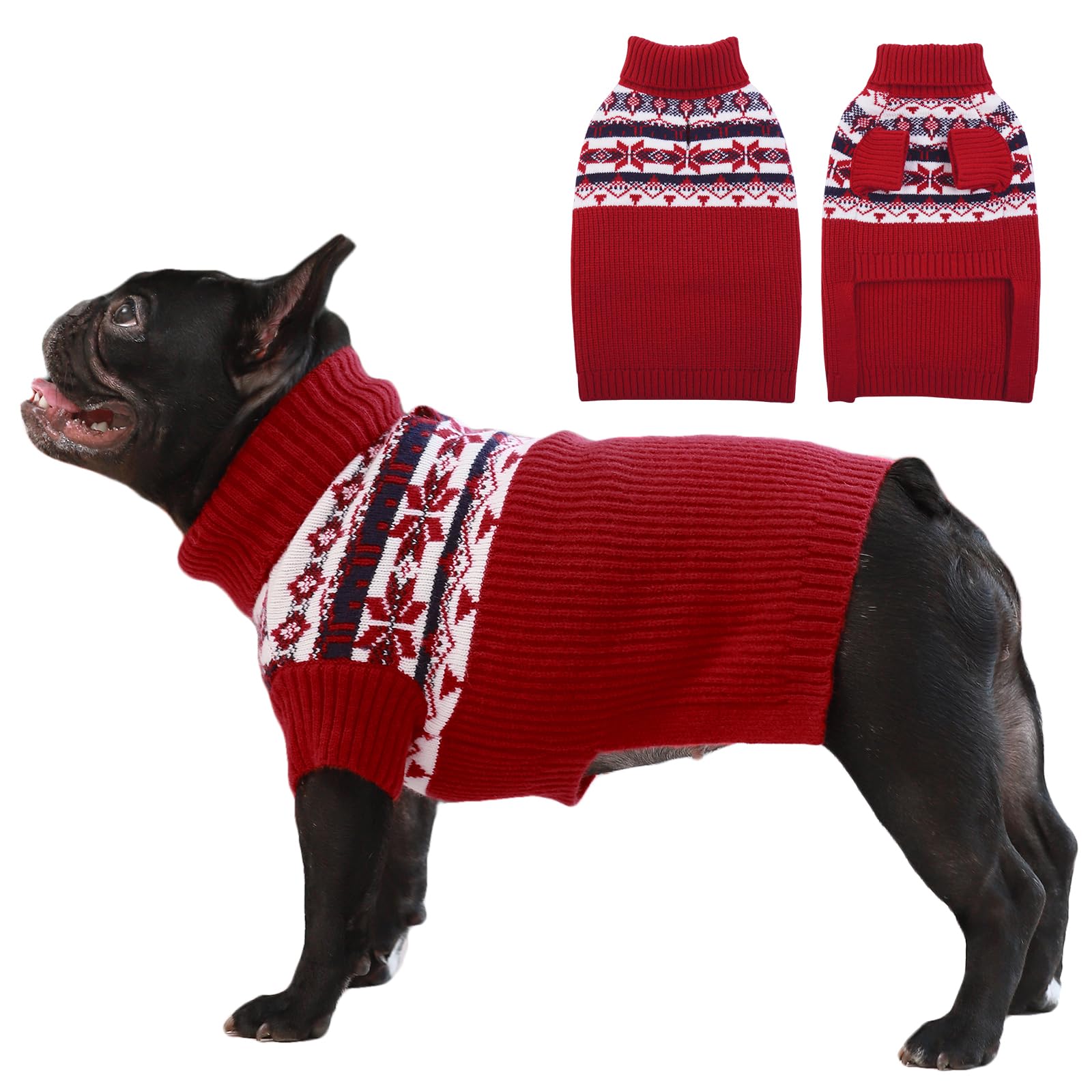 IECOii Large Dog Christmas Jumper, Cold Weather Knitted Winter Coat, Xmas Apparel, Turtleneck Thick Warm Red Sweater for Dachshund, Pug, French Bulldog — image 1