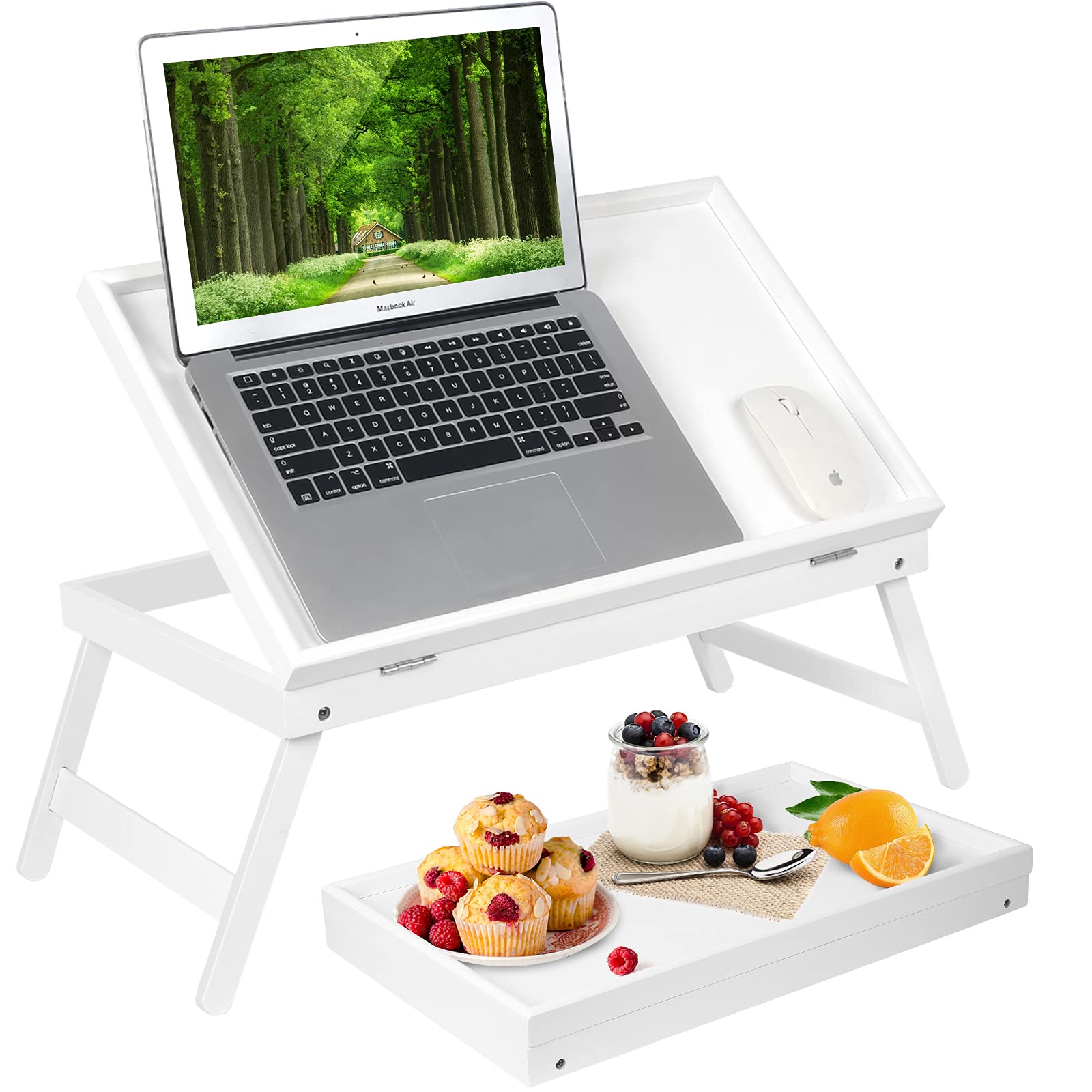 Bed Table Breakfast Tray with Folding Legs Kitchen Serving Plate for Bed Platters TV Table Desk Snack Tray (White)