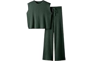 TIQOJE Womens 2 Piece Outfits Sweater Set Sleeveless Knit Pullover Top High Waisted Pants Tracksuits