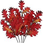 GnFlus 5 Pcs Artificial Fall Oak Leaves Stems 19.6” Fake Autumn Foliage Branches for Home Kitchen Farmhouse Vase Thanksgiving Table Centerpieces Party Halloween Decor Red