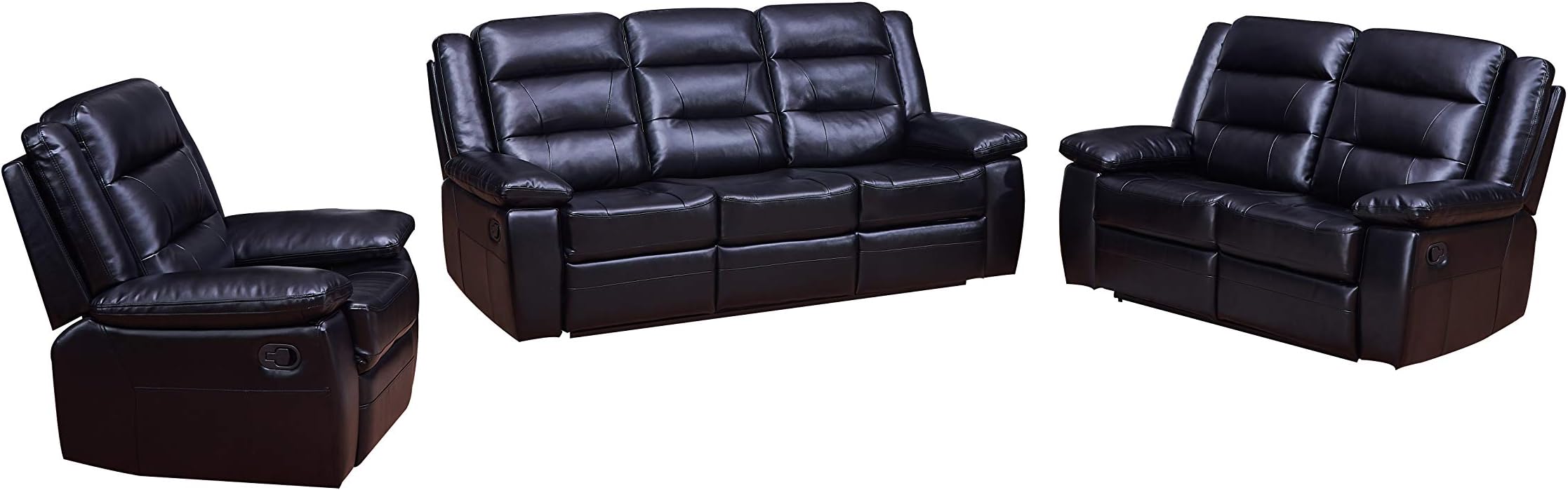 Betsy Furniture 3-PC Bonded Leather Recliner Set Living Room Set in Black, Sofa Loveseat Chair Pillow Top Backrest and Armrests 8016-321