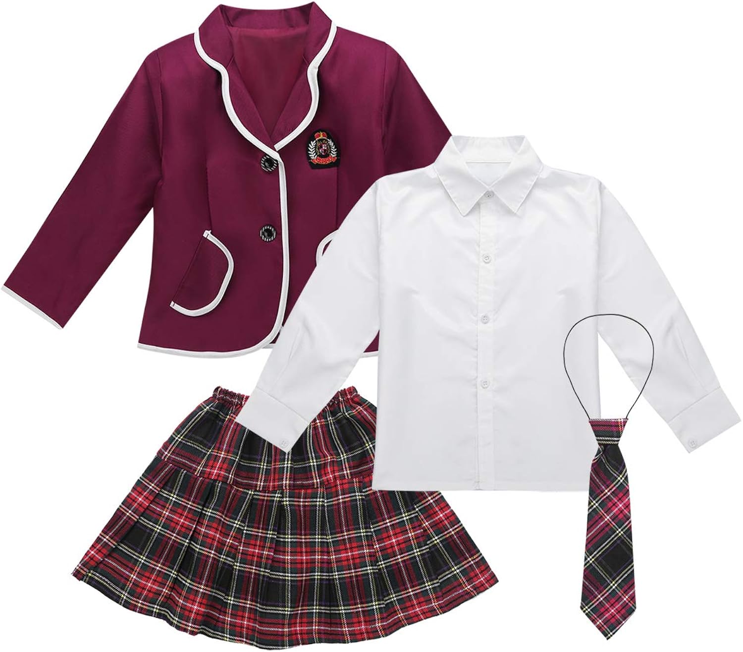 JEATHA Kids Girls Long Sleeves British Style School Uniforms Anime Cosplay Shirt Blazer with Tie Plaid Mini Skirt Set: Clothing