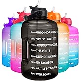 QuiFit 1 Gallon Water Bottle - with Straw & Motivational Time Marker Leak-Proof BPA Free Reusable Gym Sports Outdoor Large(128OZ/73OZ) Capacity Water Jug