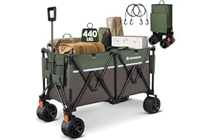 Raynesys Wagons Carts 440 lbs Heavy Duty Foldable Beach Cart with Big Wheel for Sand, Collapsible Wagon with 200L Capacity for Camping, Sports, Shopping, Army Green+Brown
