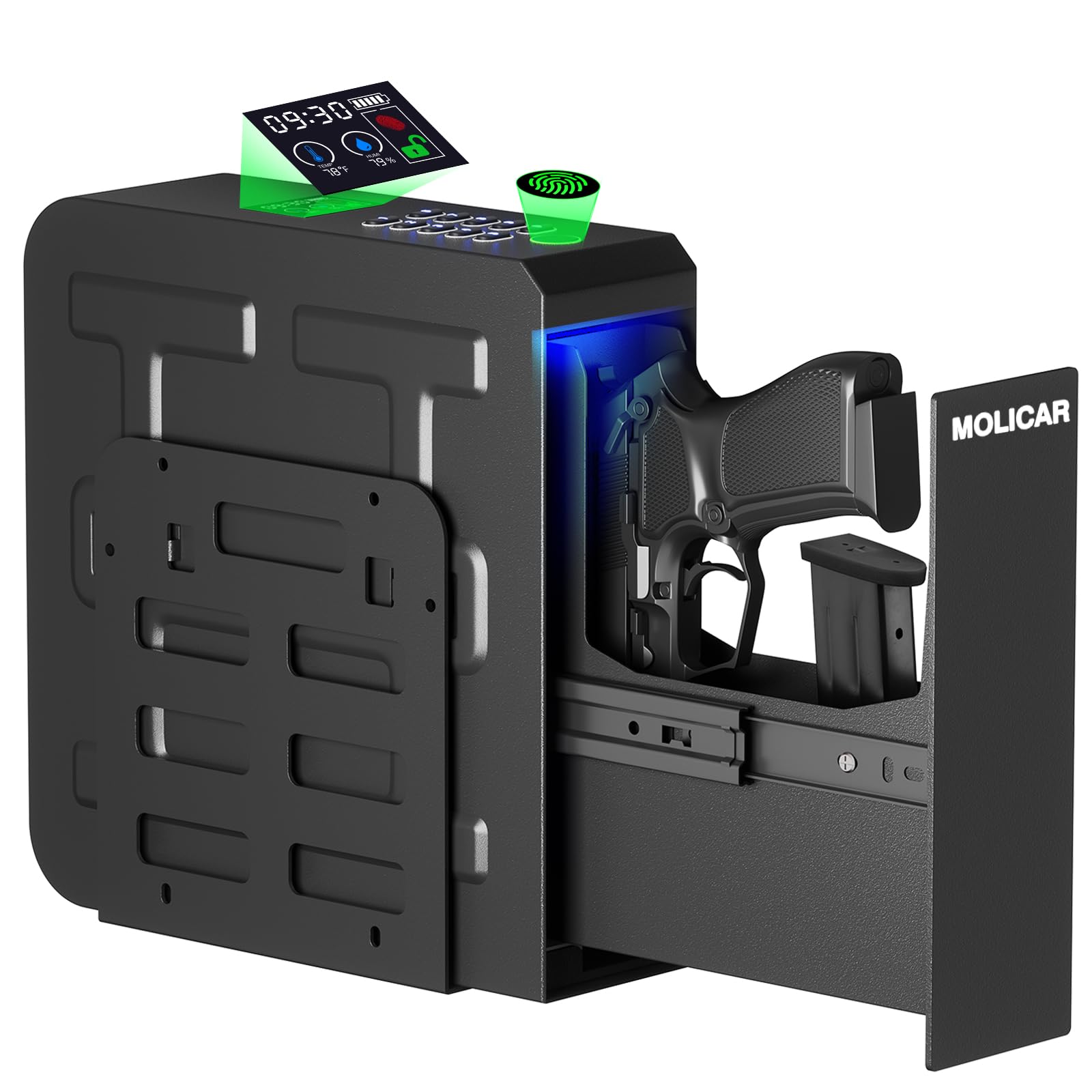 Biometric Gun Safe for Handgun Fingerprint 3 Ways Quick Access Slider Pistol Safe, Mounted Bedside Gun Lock Box for Nightstand, Bed, Desk, Wall, Dresser