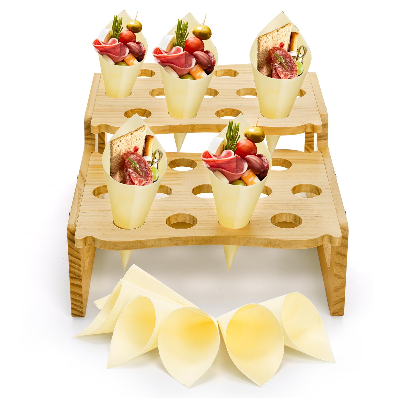 Photo 1 of Mezchi 2 Layers Wooden Ice Cream Cone Holder Stand, 26 Holes Food Cone Holder with 50 Disposable Wooden Cones, Charcuterie Cones Holders for Party, Buffet, Food Truck, Restaurant