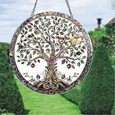 Tree of Life Stained Window Hanging Ornament, Round Tree Suncatcher Acrylic Window Panel, Great Gift for Mom Grandma and Nature Lover for Birthday Mother's Day or Housewarming