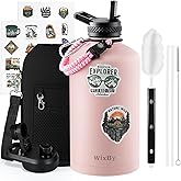 WixByti One Gallon Water Bottle Insulated, Triple Wall Vacuum Cold for 48 Hrs & Leak-proof & Non-BPA, 128oz Large Sports Stainless Steel Water Jug with Paracord Handle Straw Spout Lids & DIY Stickers