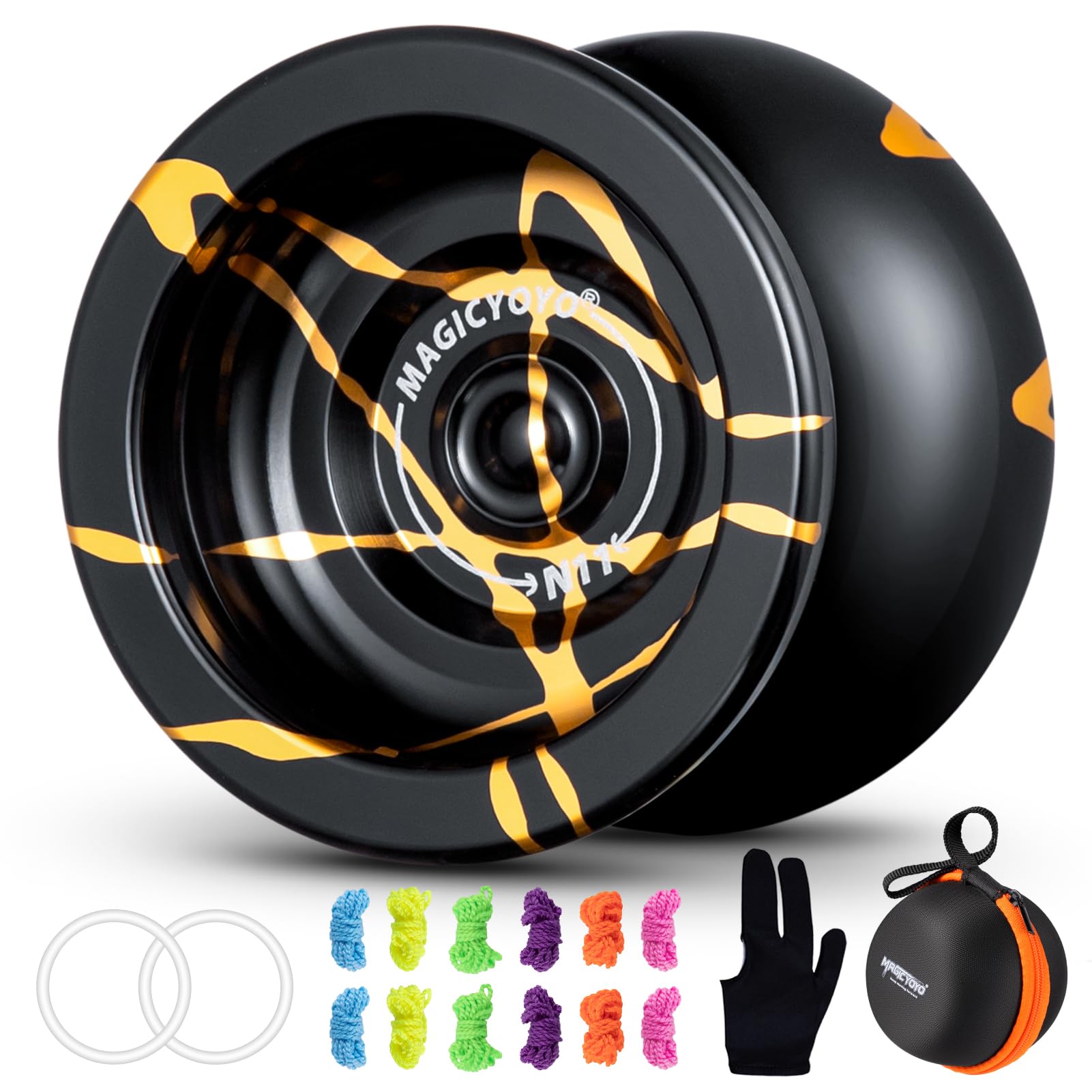 YOSTAR N11 Professional Yoyo for Adults, Pro Unresponsive Yoyo for Boys, Stunt Trick Yo Yo for All Skills, Metal Yo-yo Toy with 12 Strings, 2 Weighting Rings, Glove, Case (Black Gold)