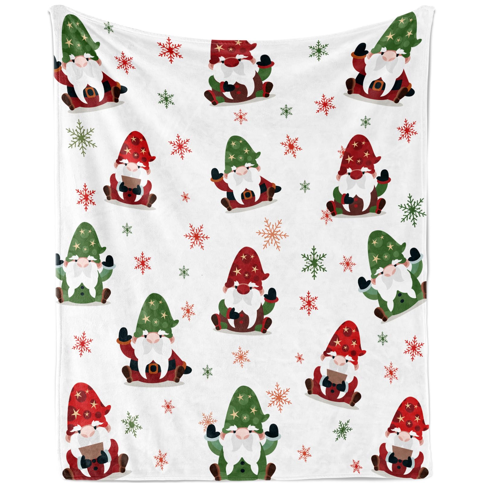 Christmas Gnome Blanket, Cute Gnome Xmas Throw Blanket, Super Soft Cozy Warm Christmas Flannel Fleece Throw Blanket with Red Green Snowflakes Pattern for Christmas Party Decorations, 130x150cm