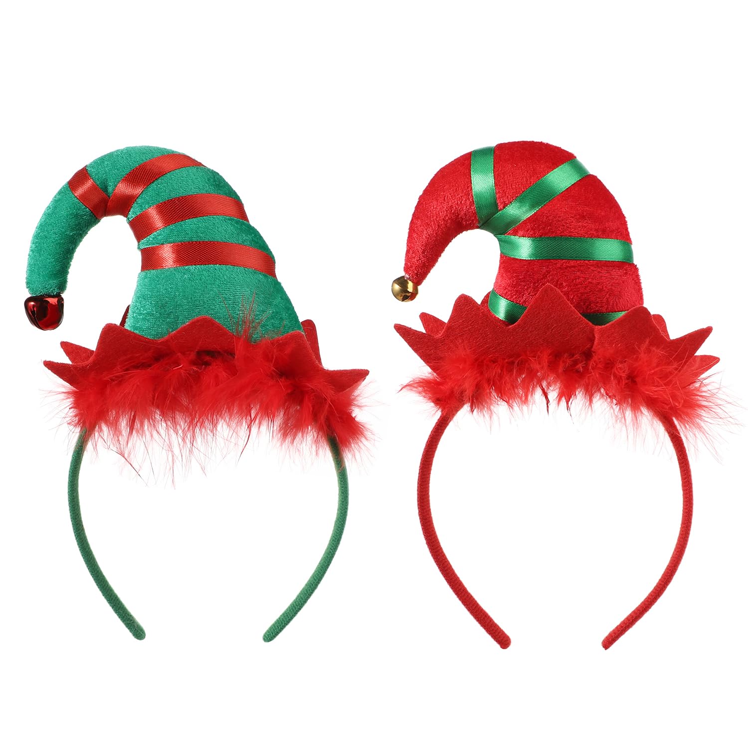 JNGUOSICN 2Pcs Christmas Headband Santa Hat Headpiece Elf Hats Hairband Pointed Hat Hairhoop with Feather Christmas Head Boppers Fancy Dress Costume Accessory Xmas Novelty Hair Accessories Decor
