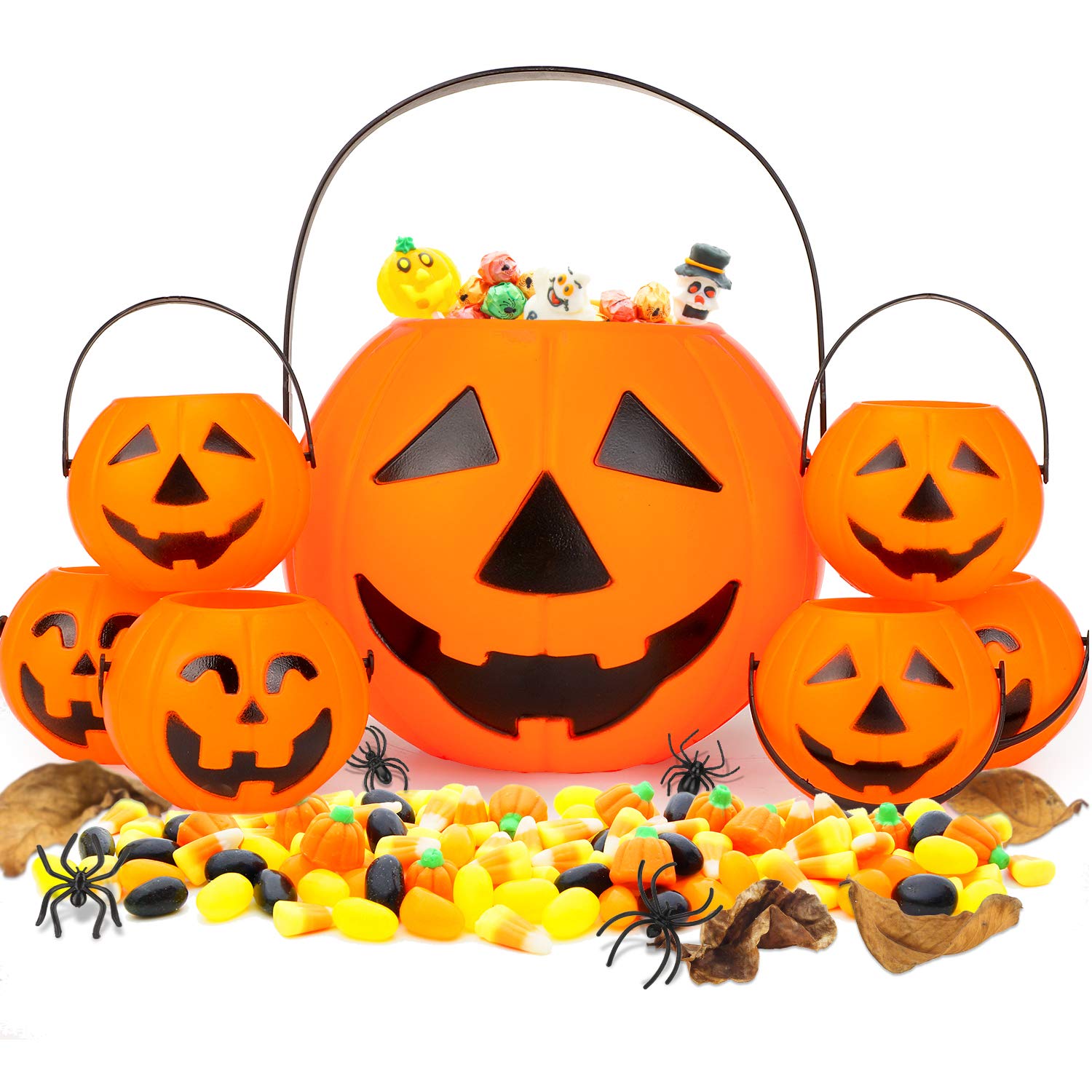 Qpout 7pcs Halloween Portable Pumpkin Buckets, 1 Large Trick or Treat Pumpkin Candy Pail 6 Small Jack-O-Lantern Buckets Plastic Pumpkin Candy Holder for Kids Treat Bags Halloween Party Favors
