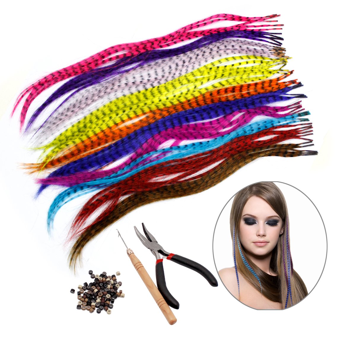 HQdeal Synthetic Hair Extension Kits with 52 Synthetic Assorted Colors Stick Tip Hair Extensions, 100 Beads, Pliers and Hook (Bright & Pretty mixed colors)