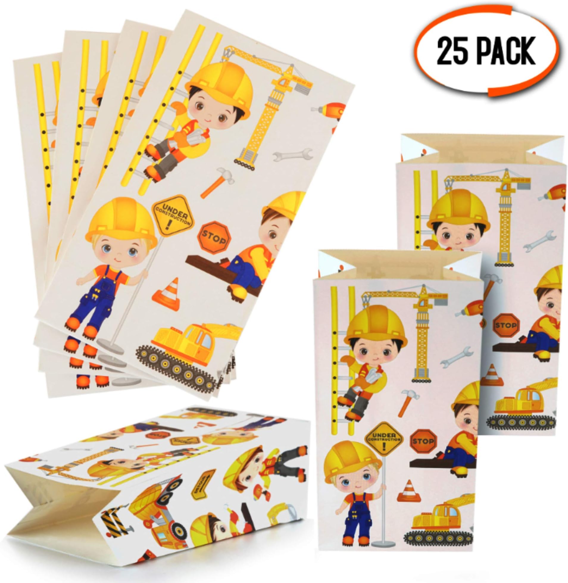 Moji Construction Party Bags for Kids Party Coloured Paper Bags Goody Bag Fillers for Sweets, Candies, Toys, Eco Friendly Childrens Birthday Party Bags for Boys, Girls, Toddlers, 25 Pack.