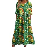 domirica St Patricks Day Dress Shamrock Print Crewneck Short Sleeve High Waist 2025 Summer Casual Fashion A Line Maxi Dress