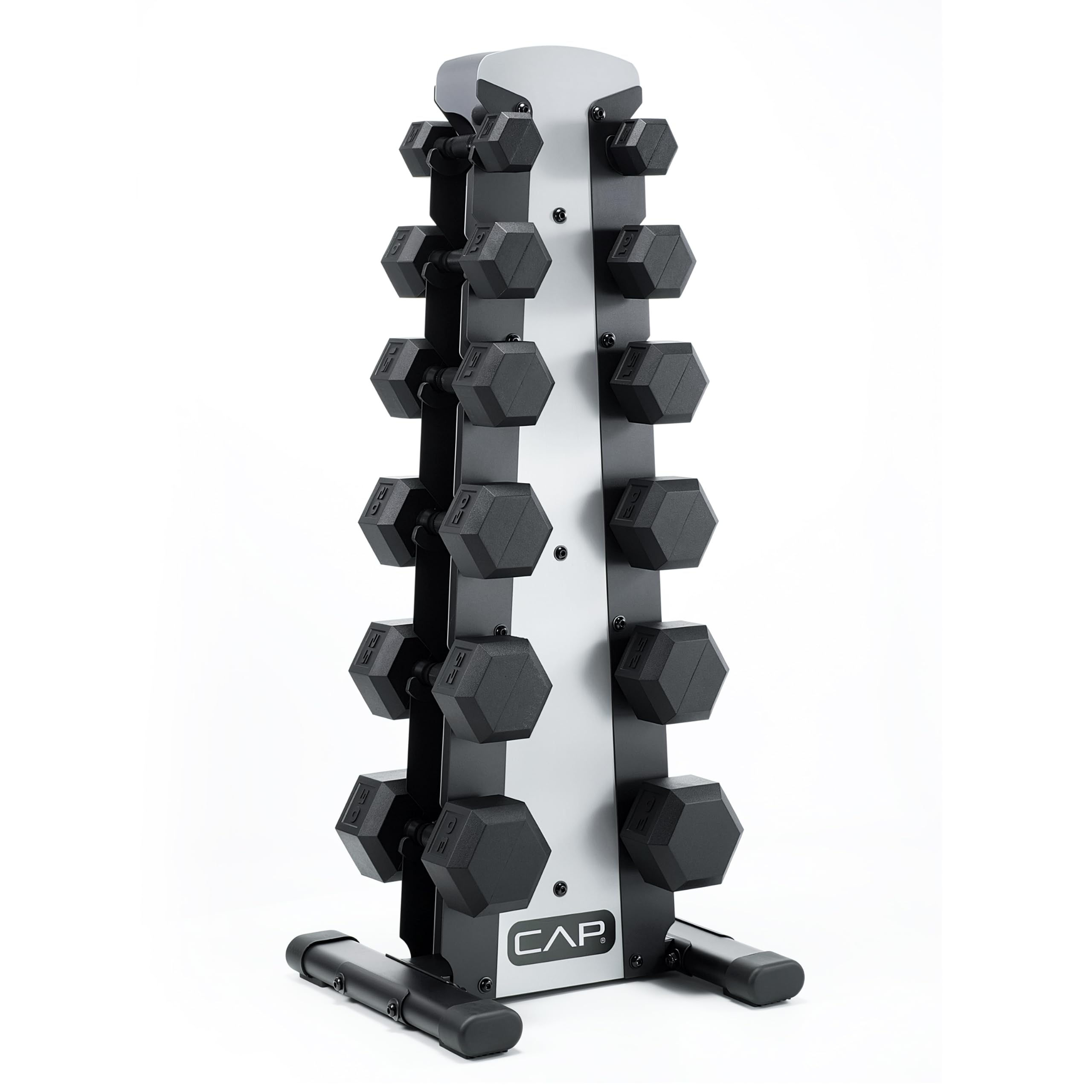 CAP 210 lb Rubber Coated Hex Dumbbell Set with Vertical Rack, Space-Saving Storage for Home Gym Strength Training, Black Handle, Silver Rack