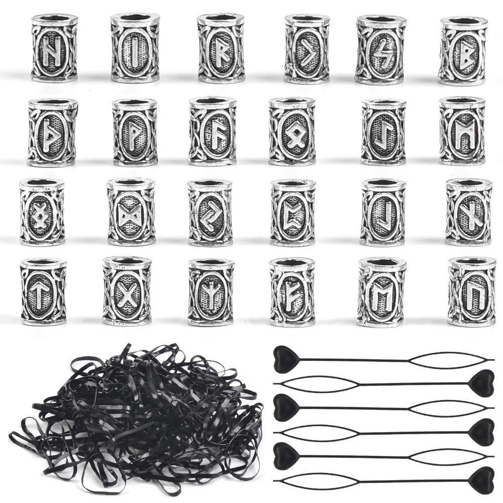 DODUOS 24PCS Hair Beard Beads Braiding Bead Norse Viking Hair Tube Runes Beads, 6PCS Pull Hair Pin Quick Beader and 200PCS Rubber Bands, Dreadlock Bead Hair Accessories for Jewellery Bracelet Necklace