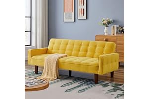 Betoko Linen Futon Sofa Couch 73.6" Fabric Upholstered Convertible Sofa Bed Minimalist Button Tufted Small 3 Seater Sleeper Futon Couch Set for Living Room Bedroom (Yellow)