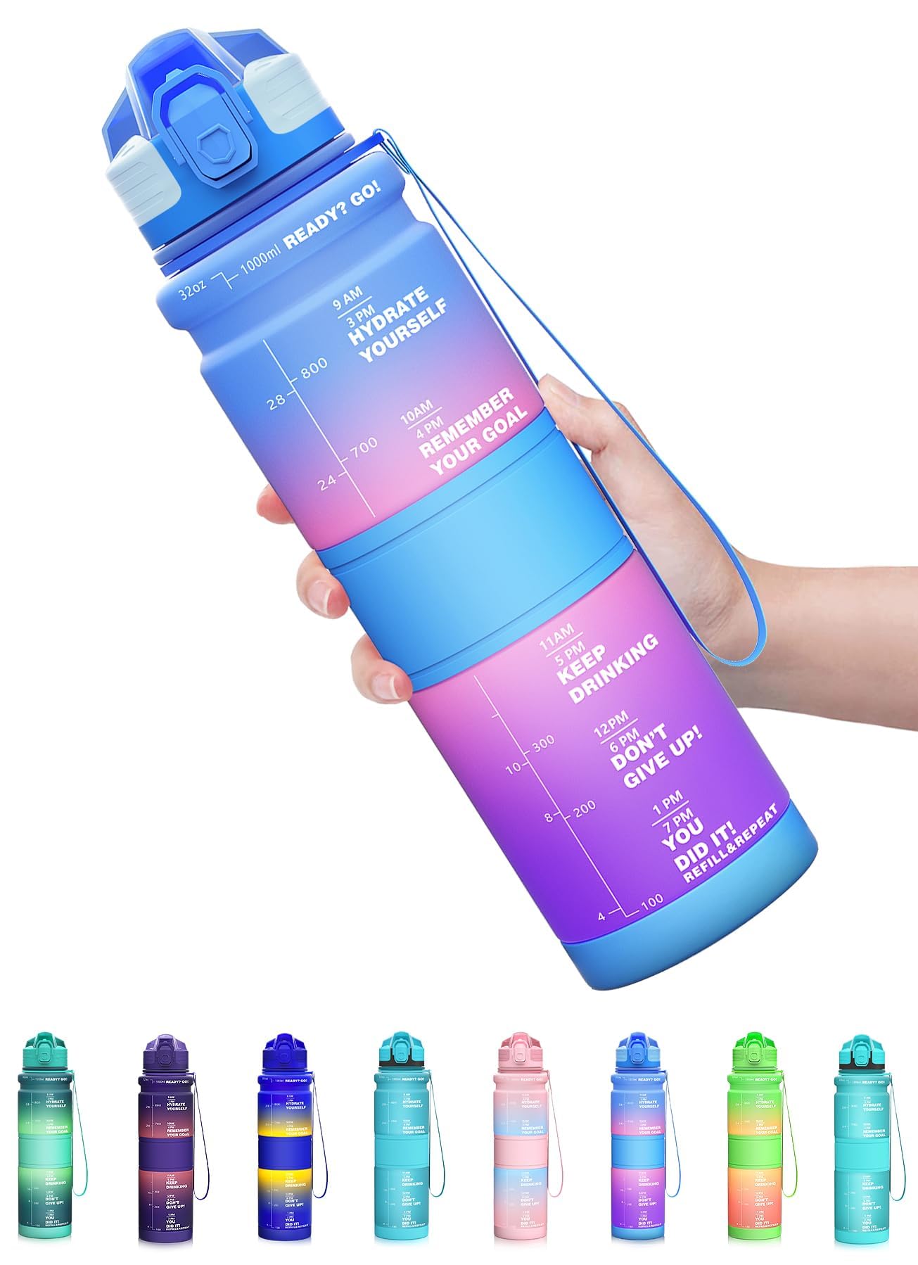 Coolfel 500ml/1l Water Bottles, Motivational Water Bottle with Time Markings, BPA Free Leakproof Sports Drinks Bottle Time Marked Daily for Gym Running Fitness