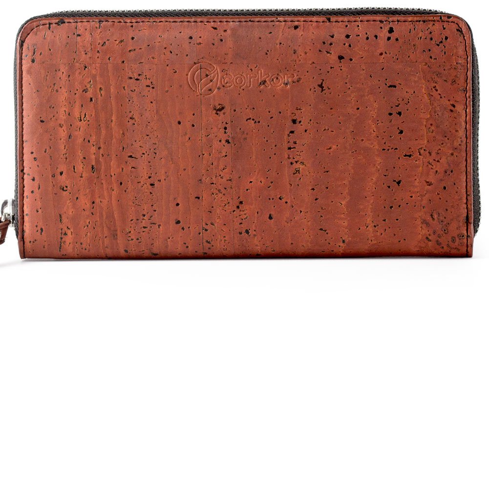 Corkor RFID Wallet Women Zip Around Clutch, Natural Cork Non-Leather Vegan Gift, Medium,Red