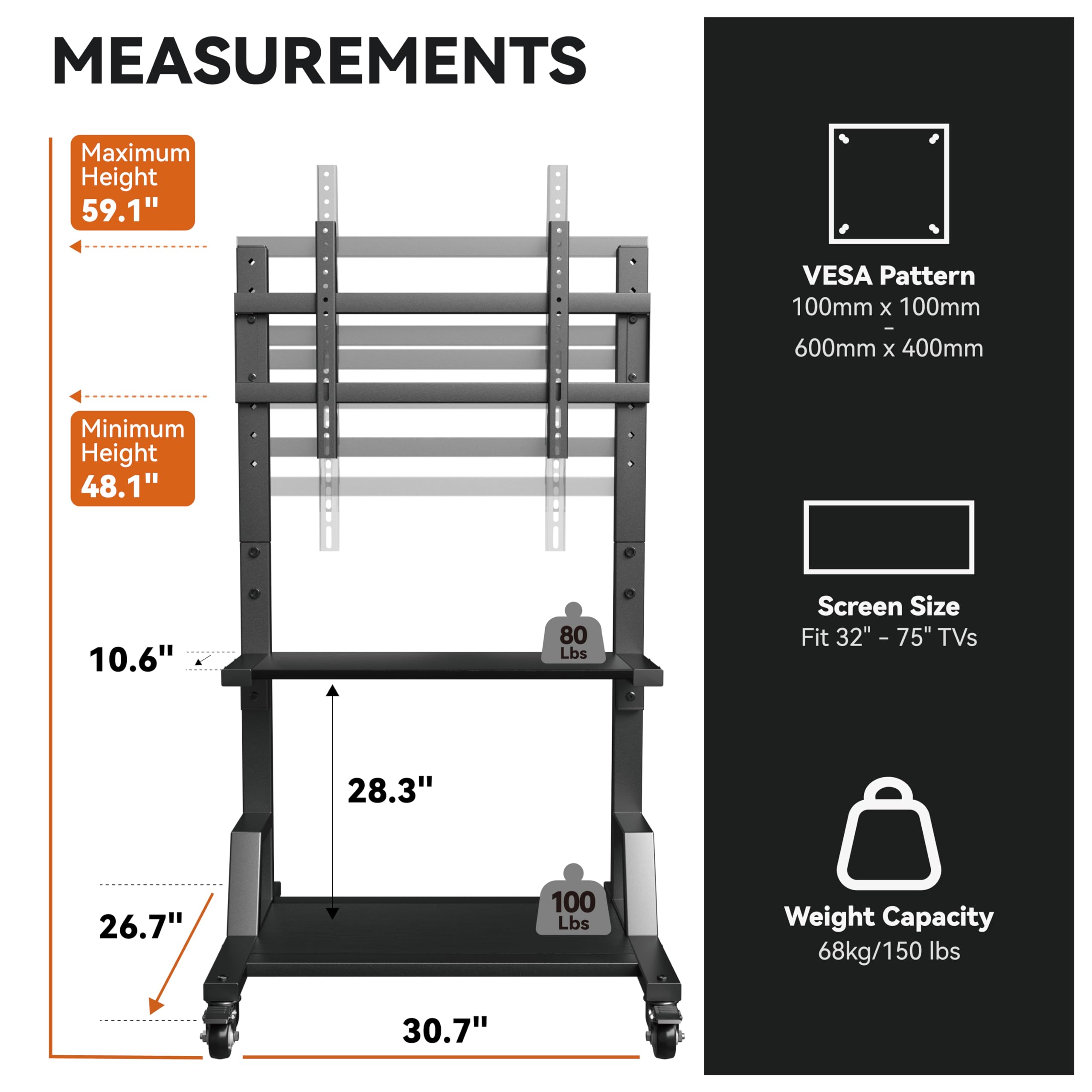 AENTGIU Rolling TV Stand for 32-75 Inch TVs, Mobile TV Stand on Wheels, Adjustable Height TV Cart with Wood Shelves, Floor Mount for Living Room, Bedroom, Office, Hold up to 150 lbs