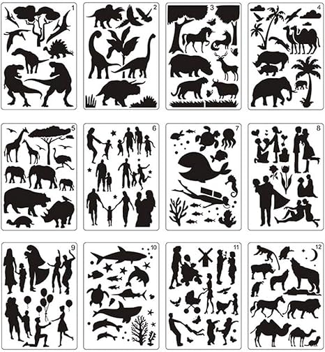 Amazon Com 12 Sheets Animal Stencils For Painting Drawing Template Reusable Plastic Stencils People Plants Animals Pattern 70 Different Patterns For Children Creation Painting Education